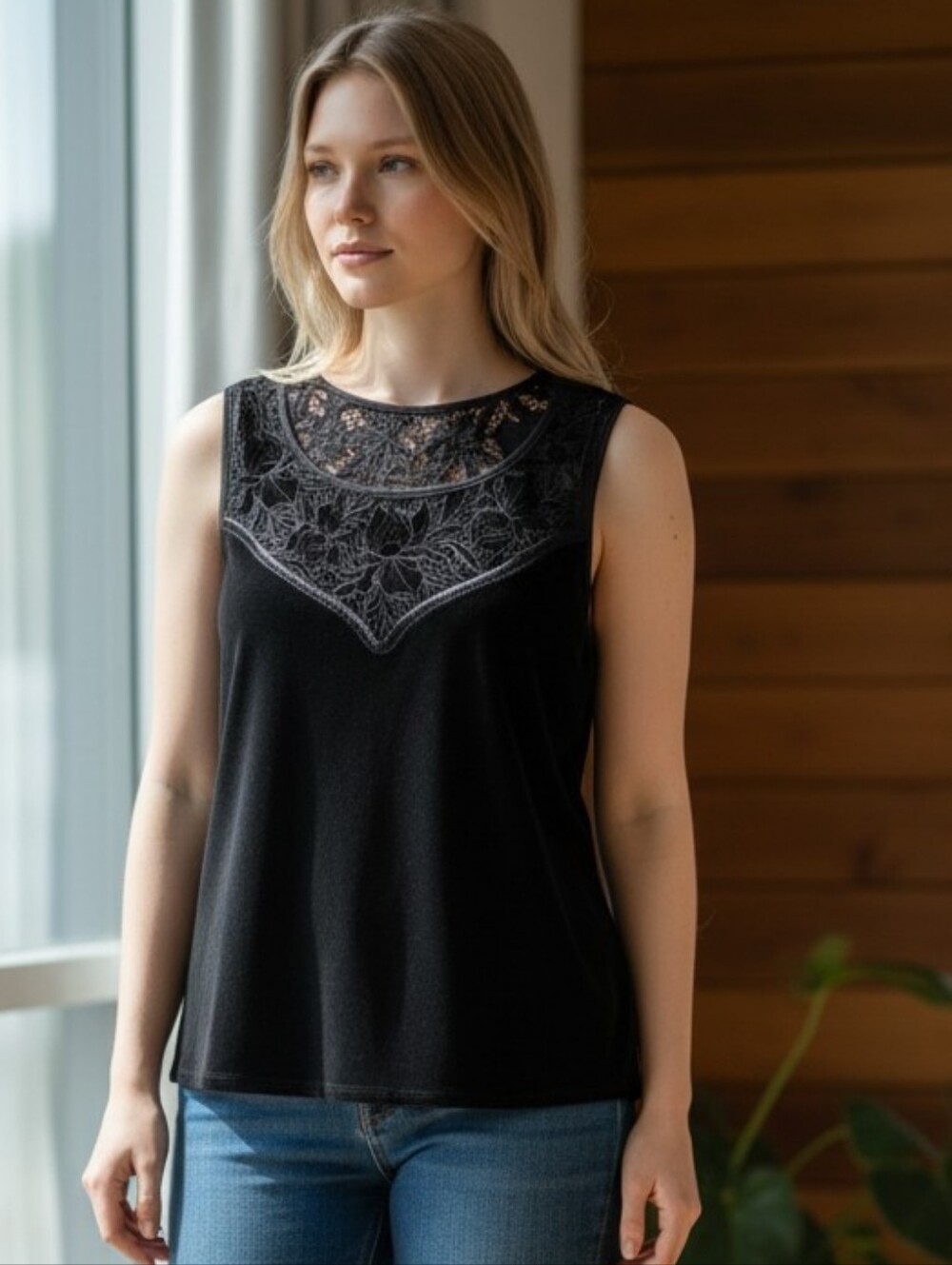 White House Black Market Black Lace Yoke Velvet Top
